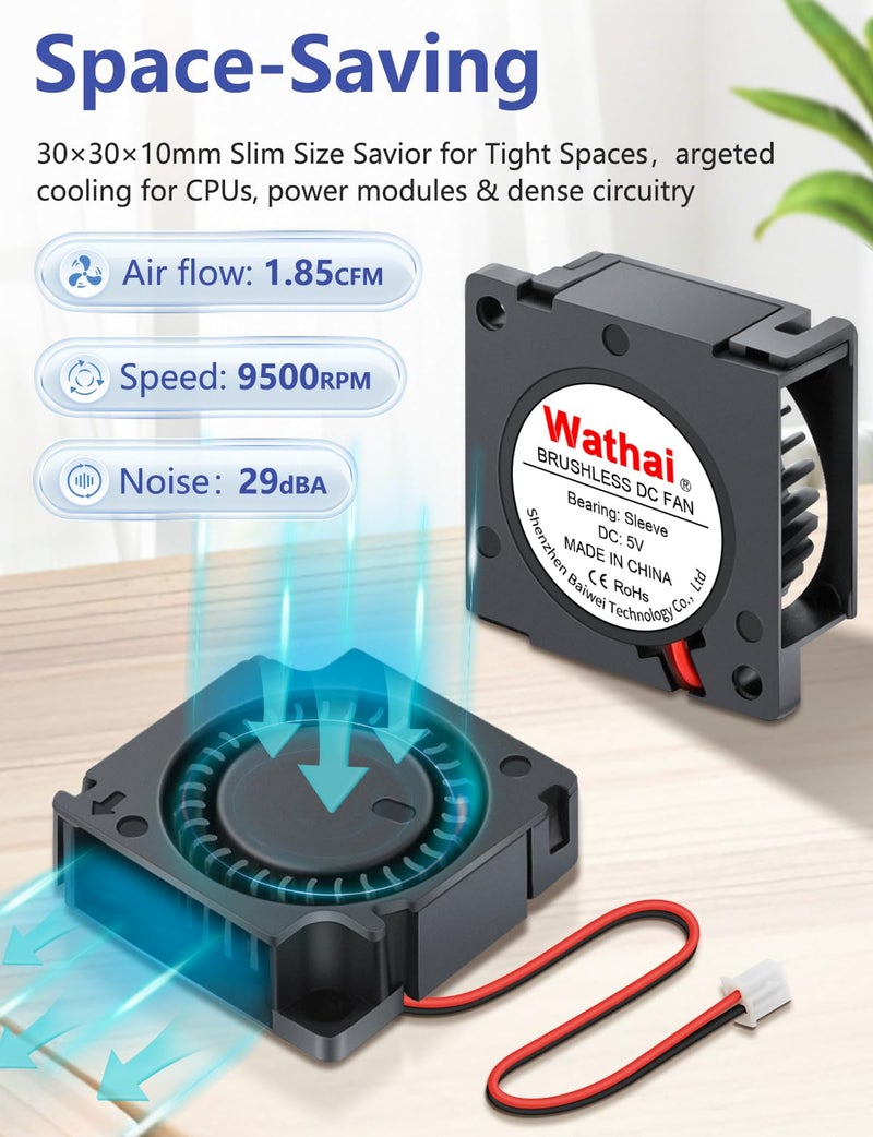 Wathai 2 Pack Wathai 30mm x 10mm 5V Small DC Brushless Cooling Blower Fan for Electronics Cooling - Image 4